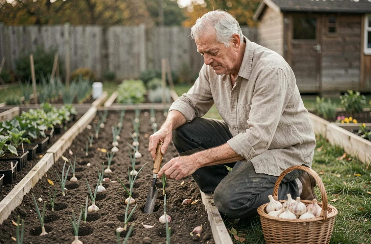 Jardinier âgé préparant des sillons pour planter l'ail germé dans un potager en automne avec panier de bulbes