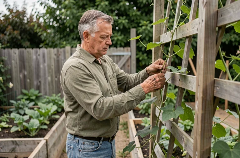 Jardinier attachant des tiges de kiwi à un tuteur en bois dans un potager résidentiel