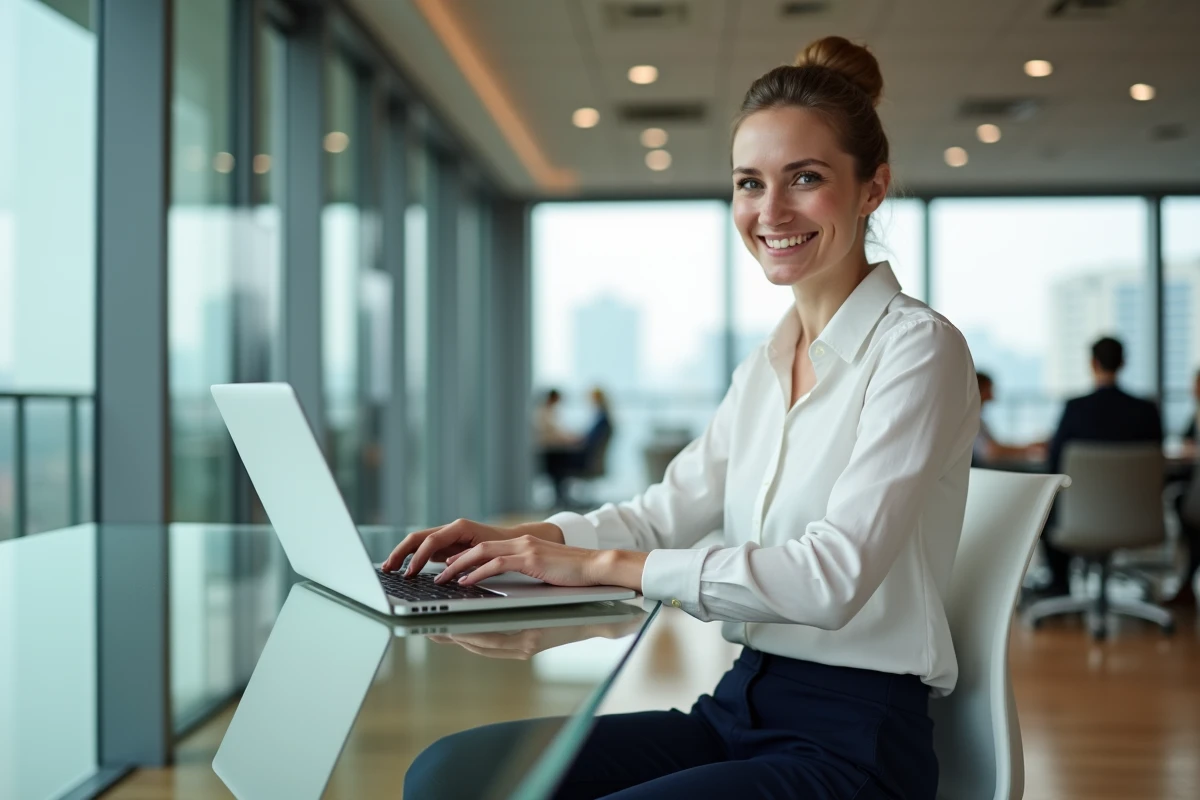Jeune femme professionnelle travaillant sur un ordinateur dans un bureau lumineux
