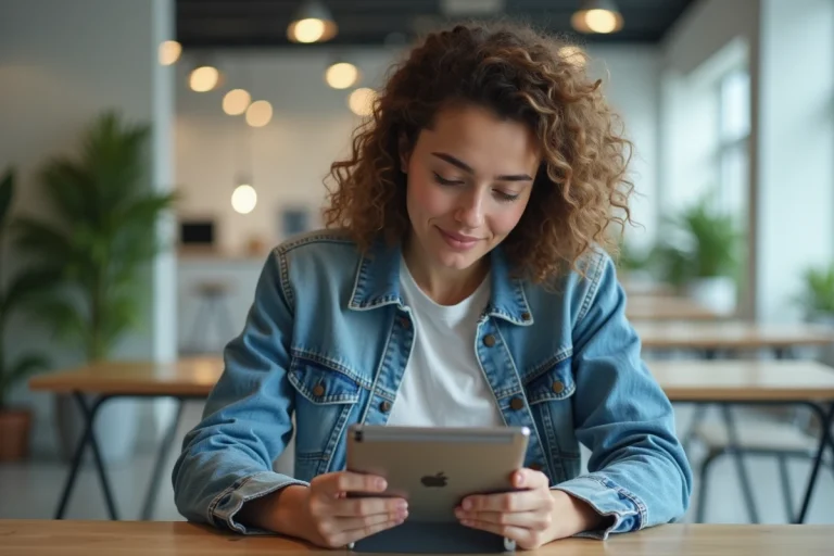 Jeune femme dans un espace de coworking moderne utilisant un smartphone pliable