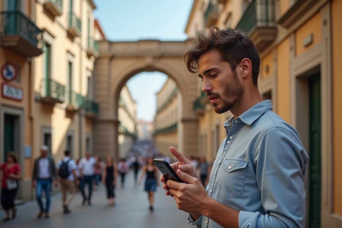 Jeune homme pointant une carte ZTL sur smartphone devant une arche sicilienne