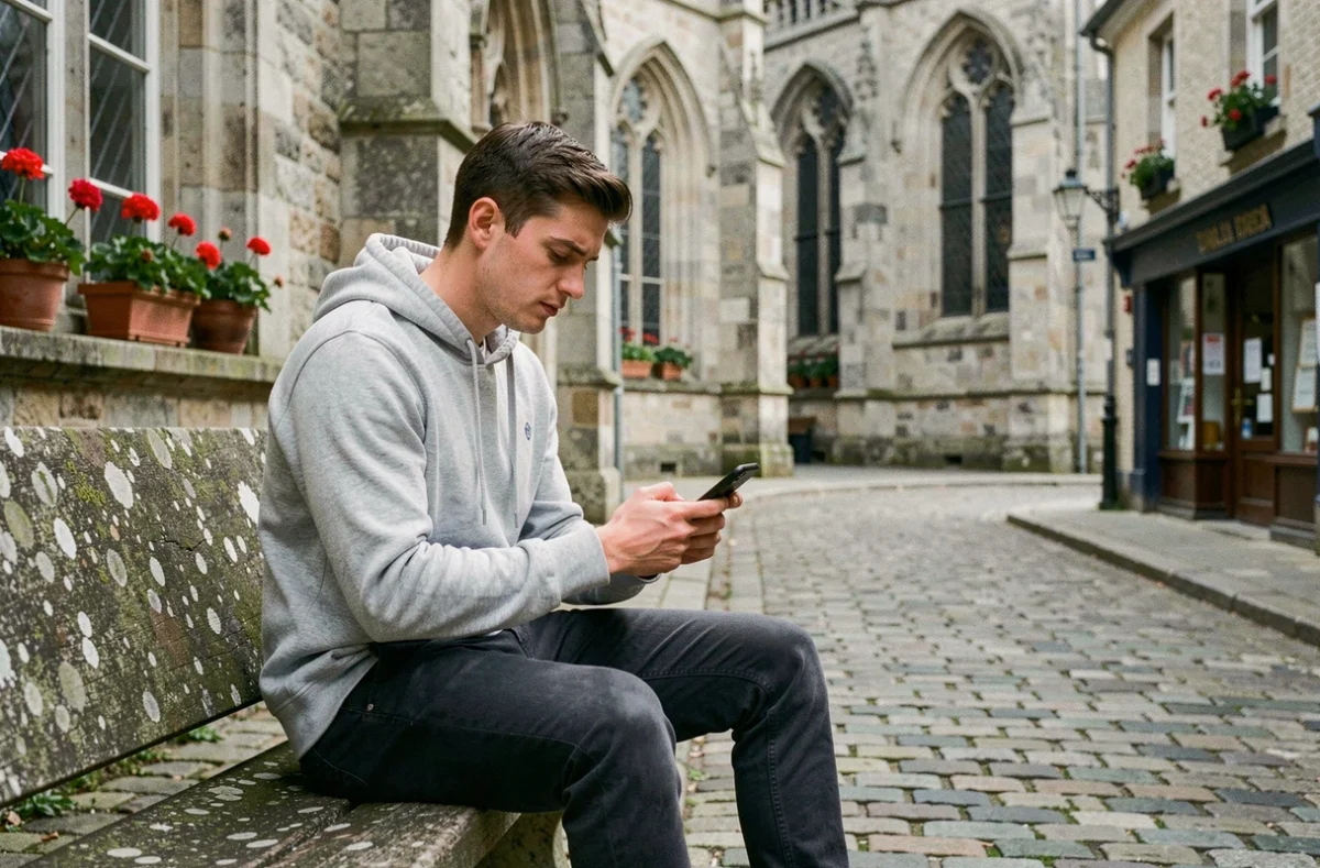 Jeune homme consultant son smartphone assis devant la cathédrale Saint-Corentin de Quimper dans une rue pavée historique
