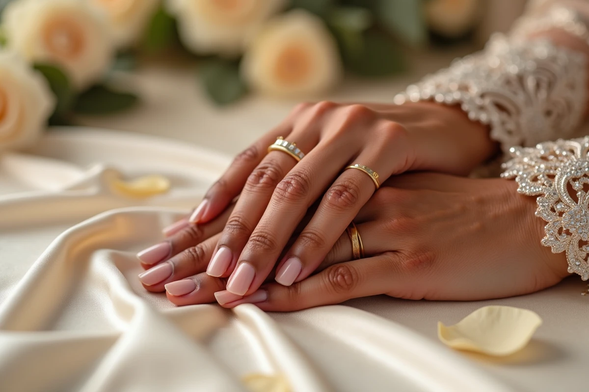 Gros plan des mains entrelacées d'un couple de mariés avec alliances en or et motifs de henné mehndi détaillés sur fond de soie ivoire