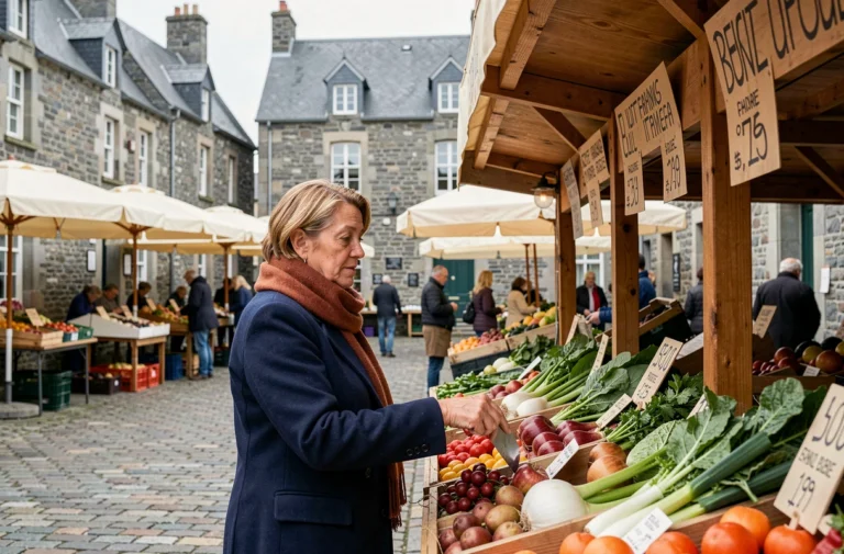 Marché de plein air animé dans le centre-ville de Quimper avec une femme examinant des légumes frais devant des bâtiments en granite breton