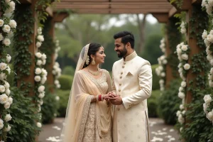 Couple de mariés portant des tenues traditionnelles dorées lors d'une cérémonie de mariage en plein air entourée de roses blanches et de guirlandes de jasmin