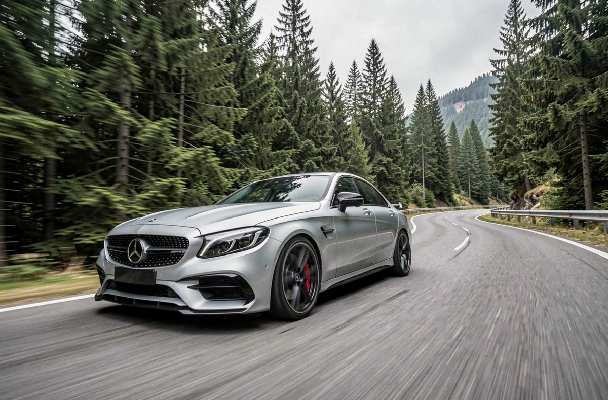 Mercedes-AMG C63 S argent en pleine accélération sur une route de montagne sinueuse entourée de forêts de pins, capturant la dynamique sportive du véhicule