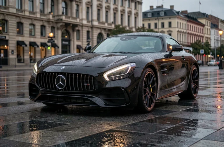 Mercedes-AMG GT coupé noir obsidienne sur une place urbaine mouillée, vue en contre-plongée mettant en valeur la calandre Panamericana emblématique
