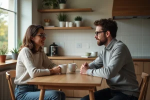 Femme et ami détendus autour d'une tasse dans une cuisine chaleureuse