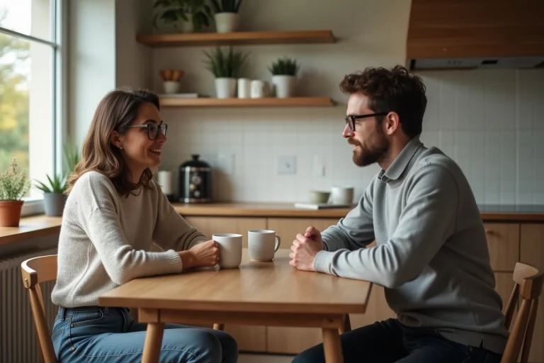 Femme et ami détendus autour d'une tasse dans une cuisine chaleureuse