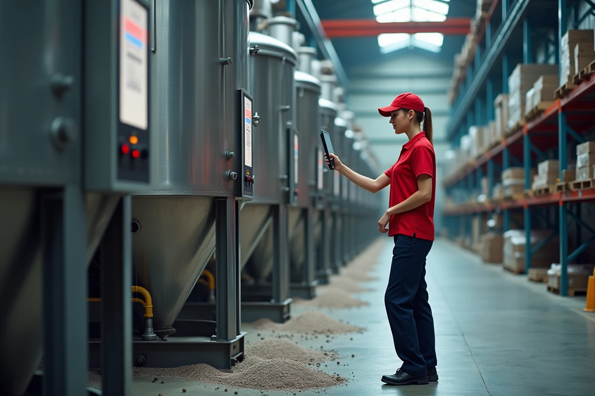 Ouvrière contrôlant un grand bain de mélange industriel
