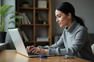 Femme saisissant ses informations de carte bancaire sur un ordinateur portable lors d'un paiement en ligne sans 3D Secure