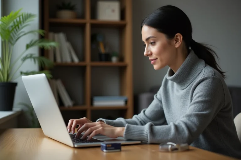 Femme saisissant ses informations de carte bancaire sur un ordinateur portable lors d'un paiement en ligne sans 3D Secure