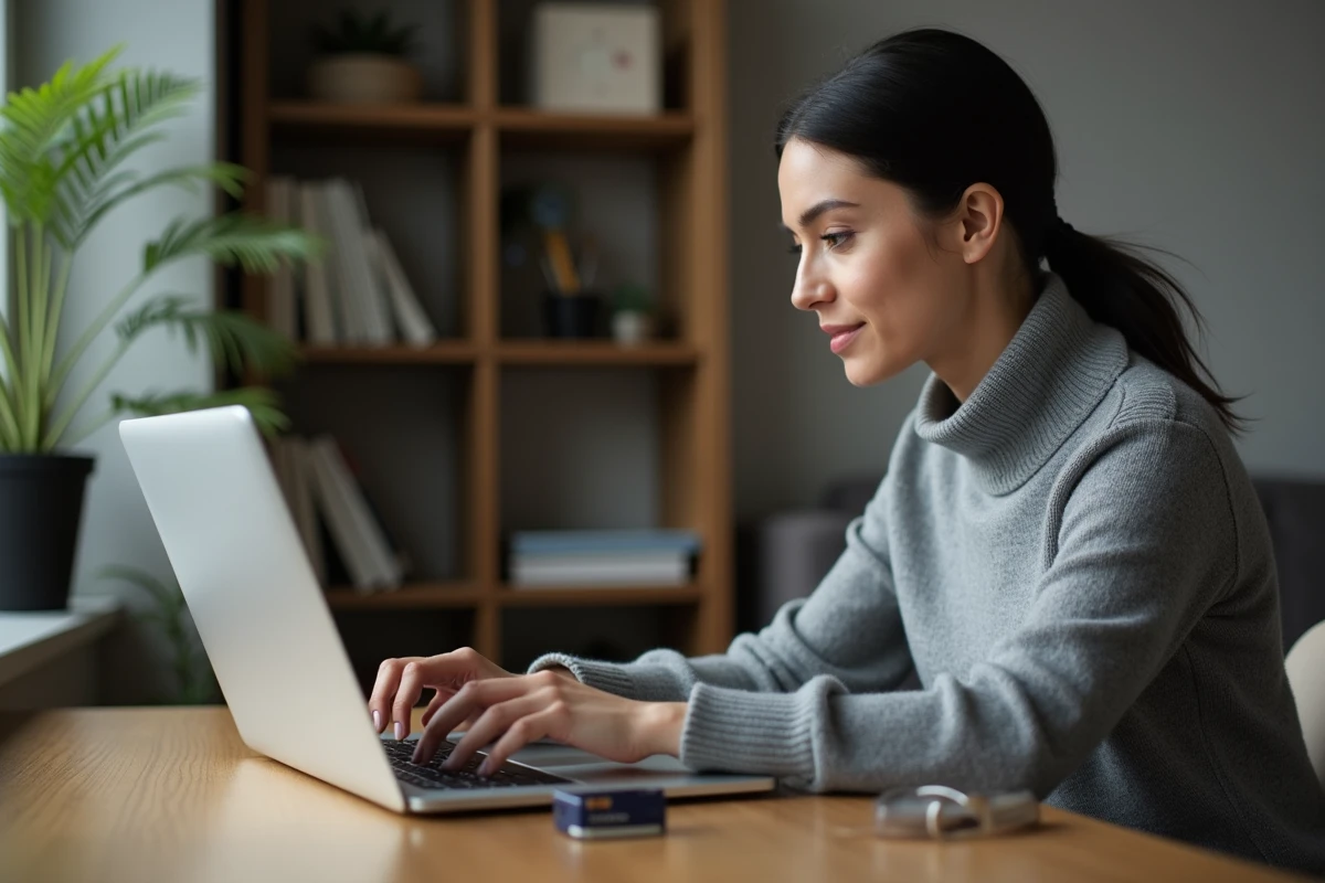 Femme saisissant ses informations de carte bancaire sur un ordinateur portable lors d'un paiement en ligne sans 3D Secure