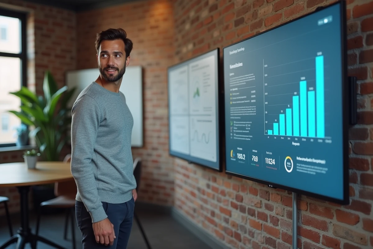 Entrepreneur du numérique analysant des données de performance digitale sur un écran dans une salle de réunion moderne