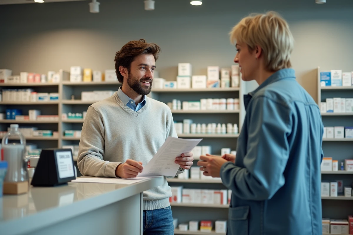 Jeune homme discutant avec un pharmacien au comptoir de pharmacie