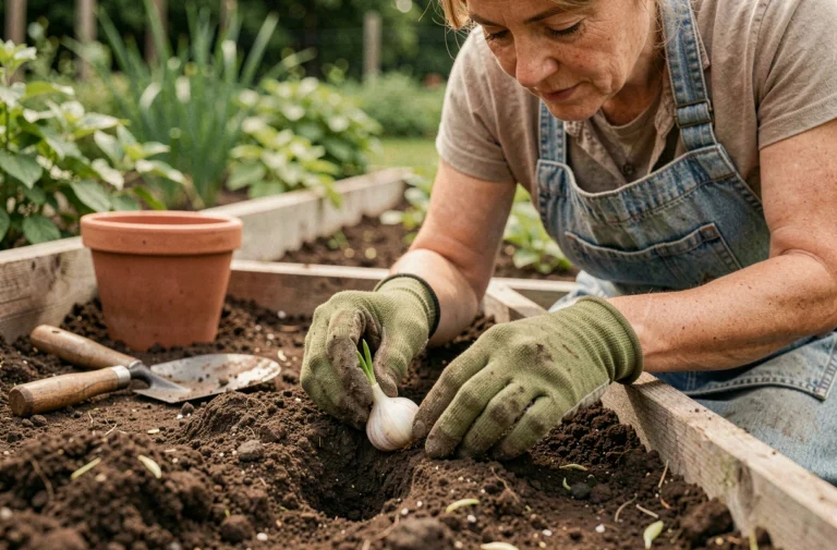 Jardinière plantant un bulbe d'ail germé dans un potager en pleine terre, gros plan sur les mains gantées et la pousse verte
