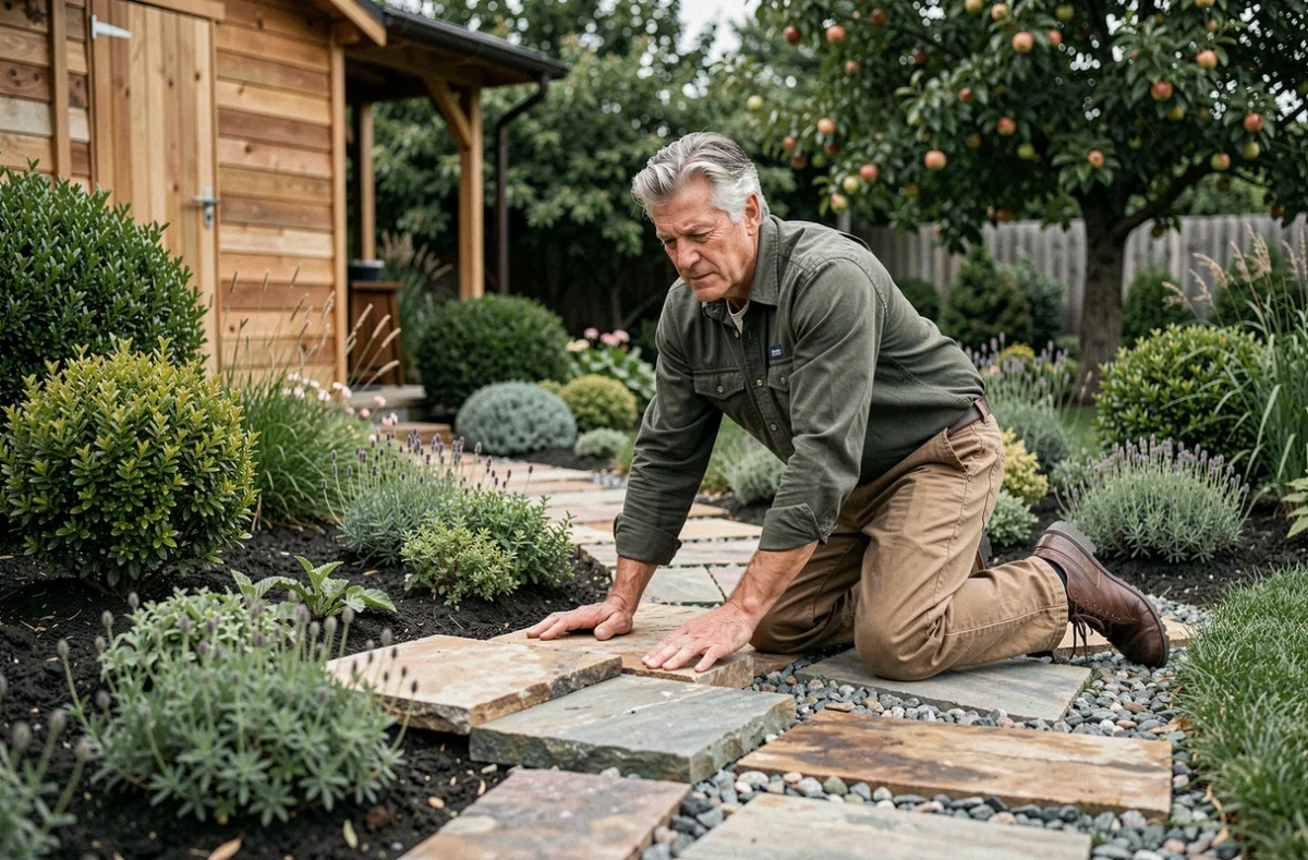Homme posant des dalles en pierre naturelle pour créer un chemin sinueux dans un jardin paysager avec arbustes et gazon