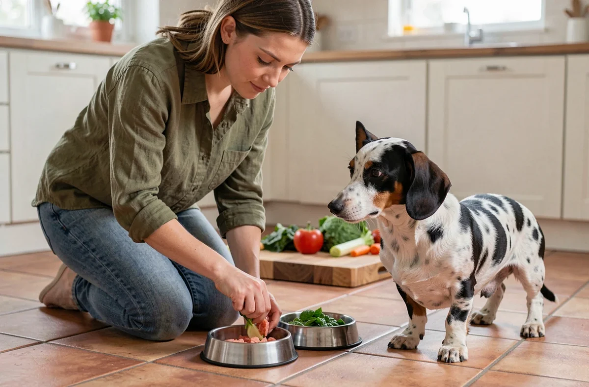 Femme préparant un repas maison pour son teckel arlequin à poil ras dans une cuisine avec des ingrédients frais