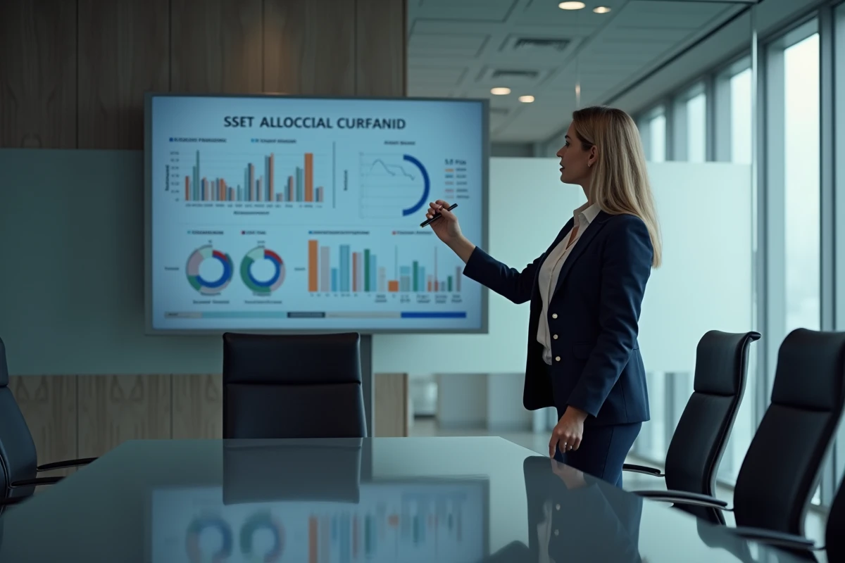 Femme cadre présentant une analyse des actifs d'entreprise sur un écran tactile lors d'une réunion en salle de conférence