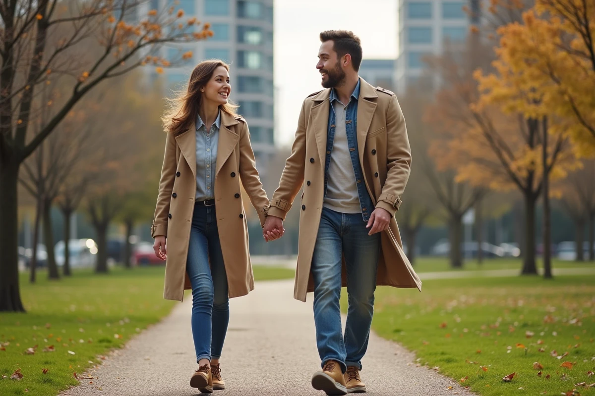 Femme en trench marche dans parc urbain automne