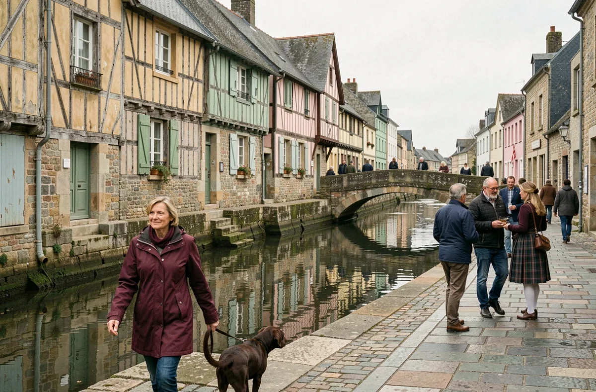 Promenade animée sur les quais de l'Odet à Quimper avec des maisons à colombages médiévales colorées se reflétant dans la rivière