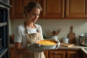 Femme plaçant un gratin doré dans un four domestique pour le réchauffer sans le dessécher