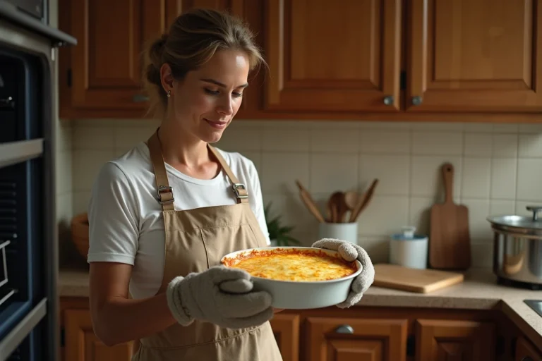 Femme plaçant un gratin doré dans un four domestique pour le réchauffer sans le dessécher
