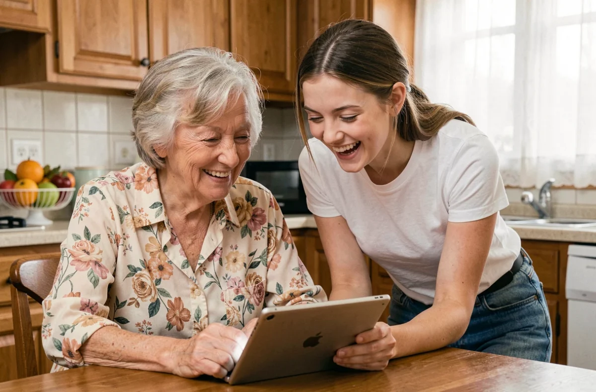 Une senior et sa petite-fille utilisent ensemble une tablette numérique pour accéder aux services en ligne dédiés aux personnes âgées depuis leur domicile