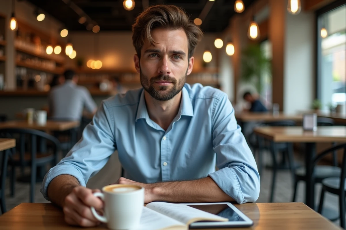 Influenceur numérique prenant des notes stratégiques dans un café urbain avec tablette et réseaux sociaux