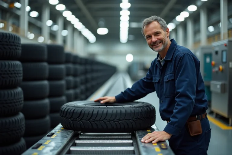 Technicien inspectant un pneu en usine moderne