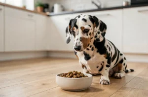 Teckel à poil ras arlequin assis à côté de sa gamelle de croquettes sur un parquet en chêne dans une cuisine moderne