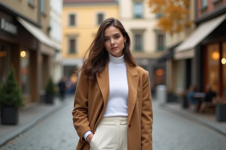 Femme élégante portant un blazer oversize camel et un pantalon large blanc dans une rue pavée européenne, look tendance mode automne 2024