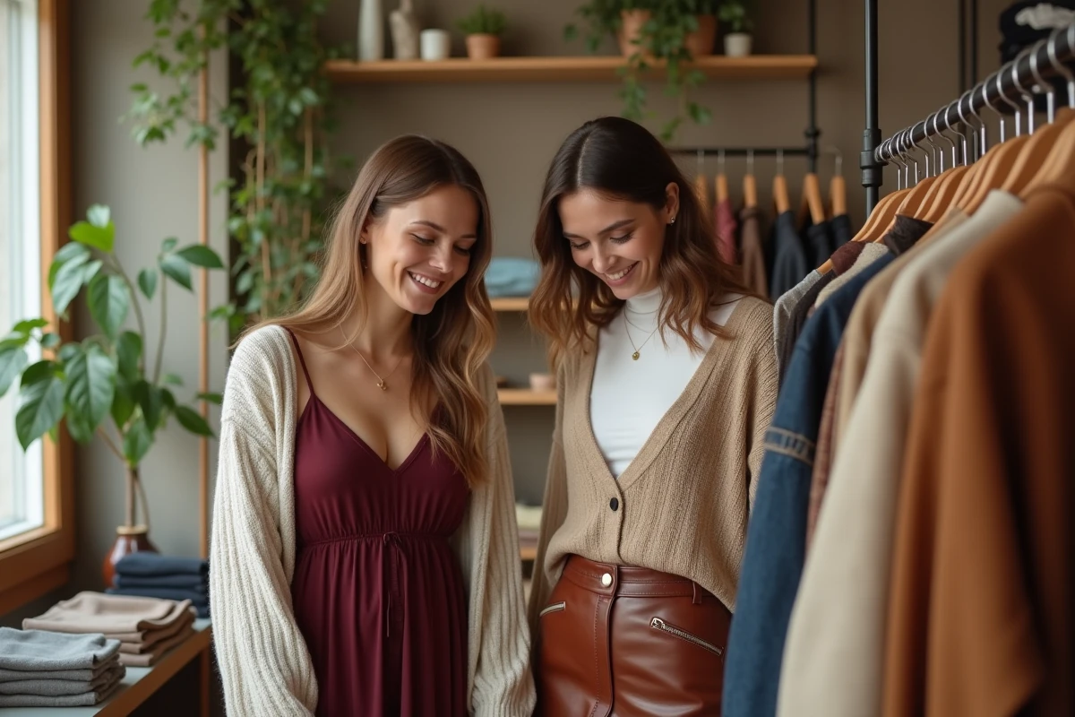 Deux femmes stylées explorant des vêtements dans un concept store parisien, tendances mode 2024 avec robe slip bordeaux et jupe en cuir camel
