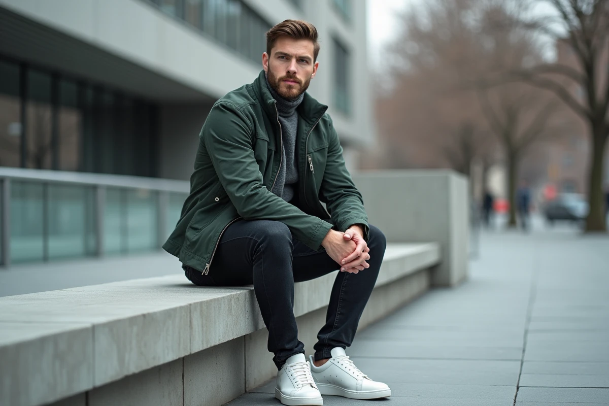 Homme en veste utilitaire verte et jean slim assis sur un banc urbain moderne, style tendance mode masculine automne-hiver 2024