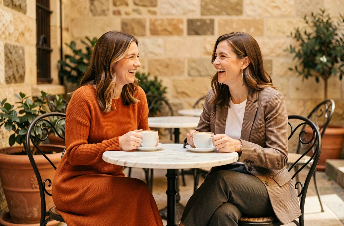 Deux femmes tendance en tenues automnales colorées attablées à la terrasse d'un café parisien chic