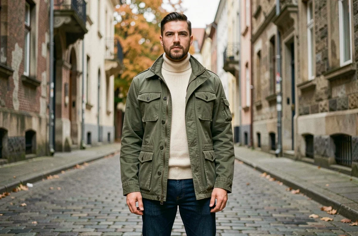 Homme stylé en veste utilitaire oversize et jean indigo dans une rue pavée européenne en automne
