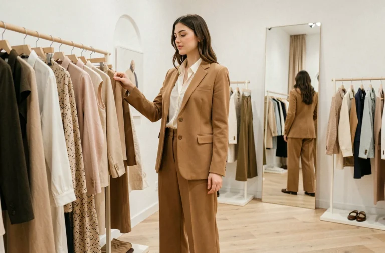 Jeune femme élégante en costume camel tendance dans une boutique de mode parisienne minimaliste
