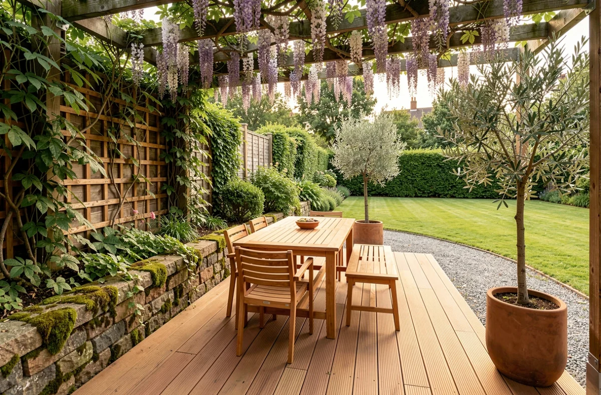 Terrasse en bois avec mobilier de jardin en teck entourée de plantes grimpantes et d'arbres en pot dans un jardin résidentiel
