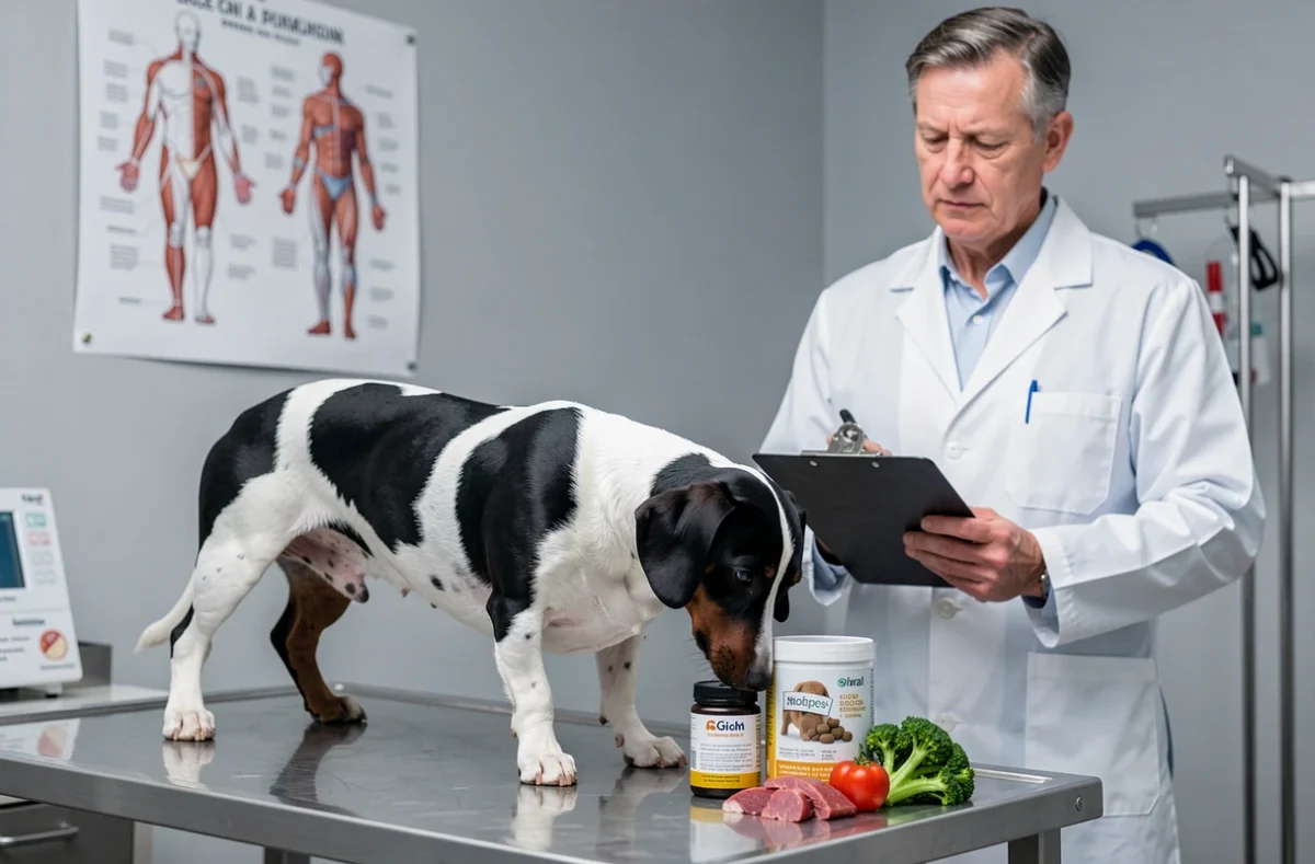 Vétérinaire examinant un teckel à poil ras arlequin entouré de produits nutritionnels pour chien dans un cabinet vétérinaire